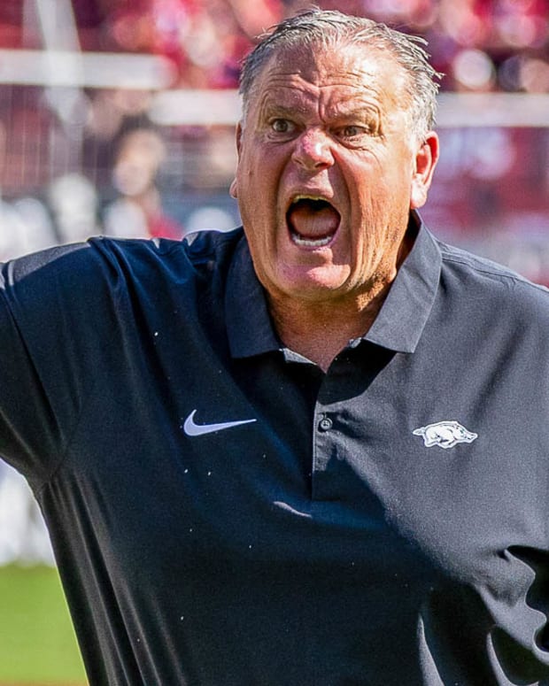 Razorbacks coach Sam Pittman on sidelines against Kent State last Saturday